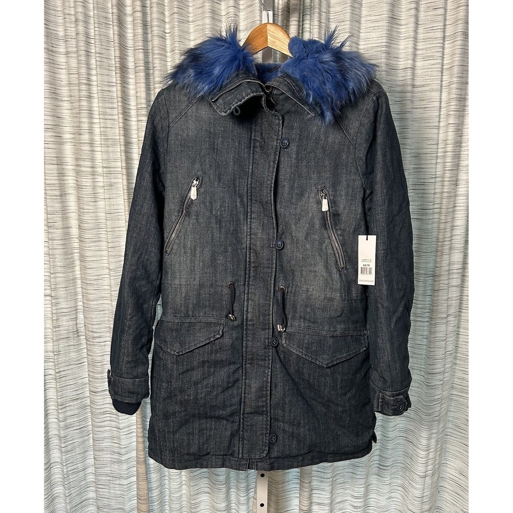 NWT DEX Denim Parka XS Blue Faux Fur Trim Hood Warm Winter Coat Jacket